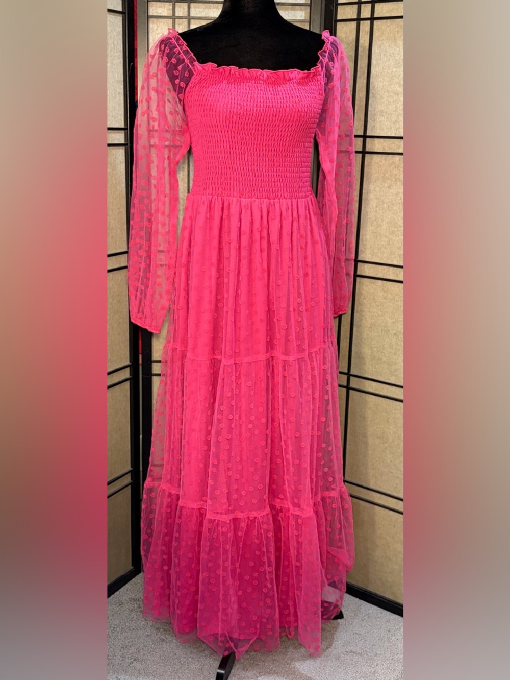 Pink Lily Floral Overlay Maxi Dress boho Pheasant Sz L Party Wedding